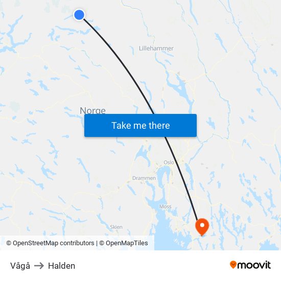 Vågå to Halden map