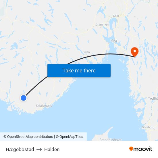 Hægebostad to Halden map