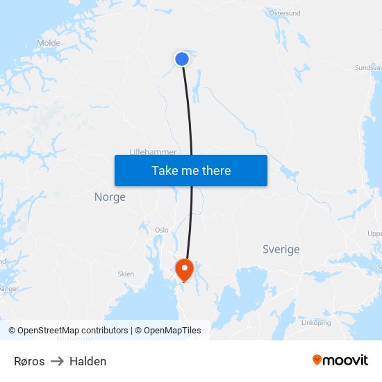 Røros to Halden map