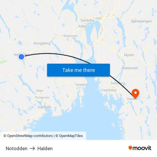 Notodden to Halden map