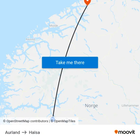 Aurland to Halsa map