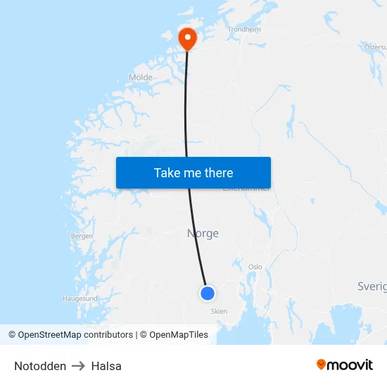 Notodden to Halsa map