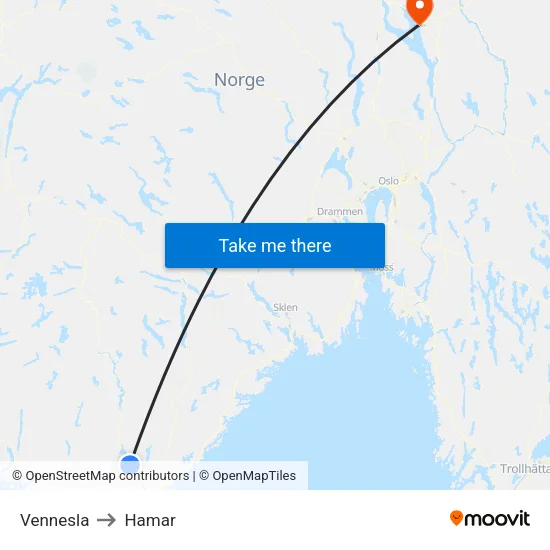 Vennesla to Hamar map