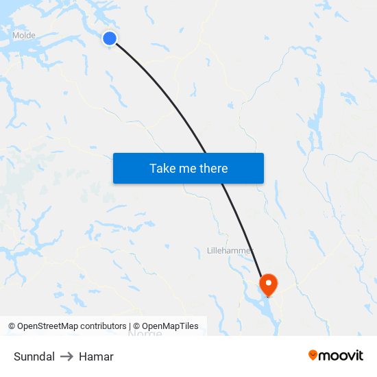 Sunndal to Hamar map