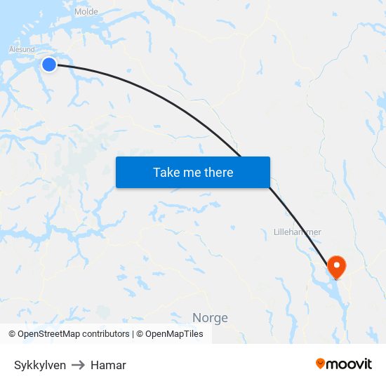 Sykkylven to Hamar map