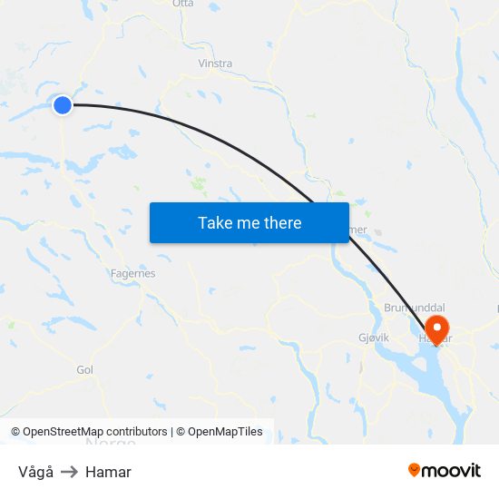 Vågå to Hamar map