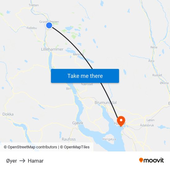 Øyer to Hamar map