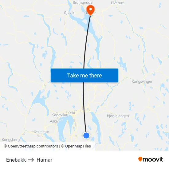 Enebakk to Hamar map