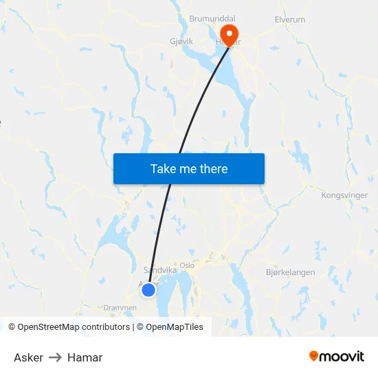 Asker to Hamar map