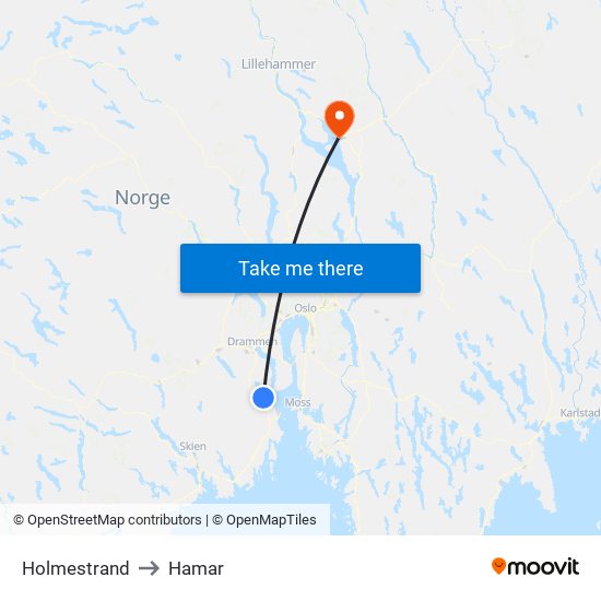 Holmestrand to Hamar map