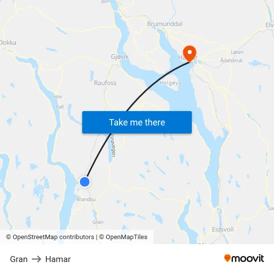Gran to Hamar map