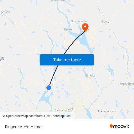 Ringerike to Hamar map