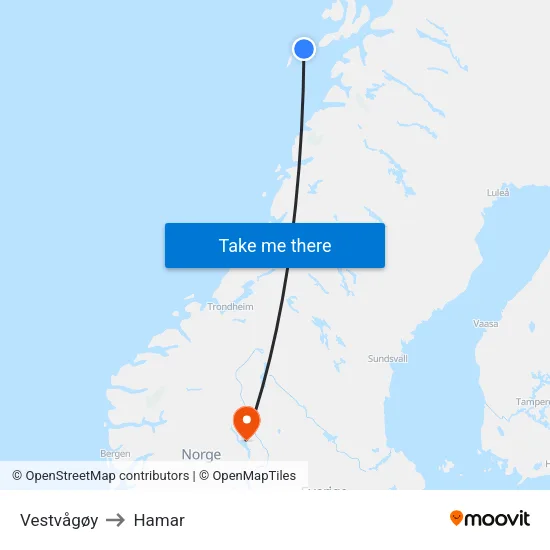 Vestvågøy to Hamar map