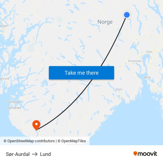 Sør-Aurdal to Lund map
