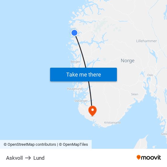 Askvoll to Lund map