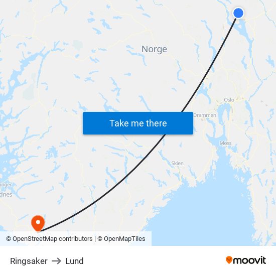 Ringsaker to Lund map