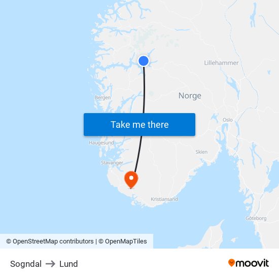 Sogndal to Lund map