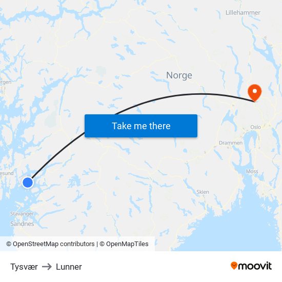 Tysvær to Lunner map