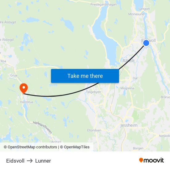 Eidsvoll to Lunner map