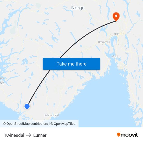Kvinesdal to Lunner map