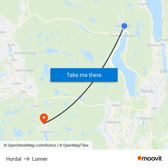 Hurdal to Lunner map