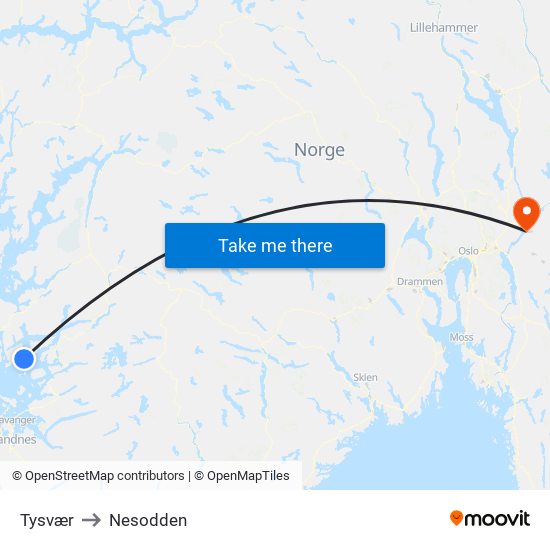 Tysvær to Nesodden map