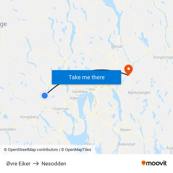 Øvre Eiker to Nesodden map