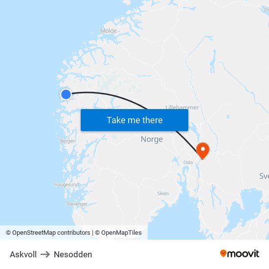Askvoll to Nesodden map