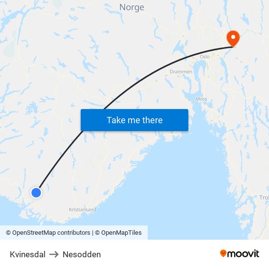 Kvinesdal to Nesodden map