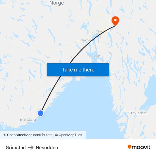 Grimstad to Nesodden map