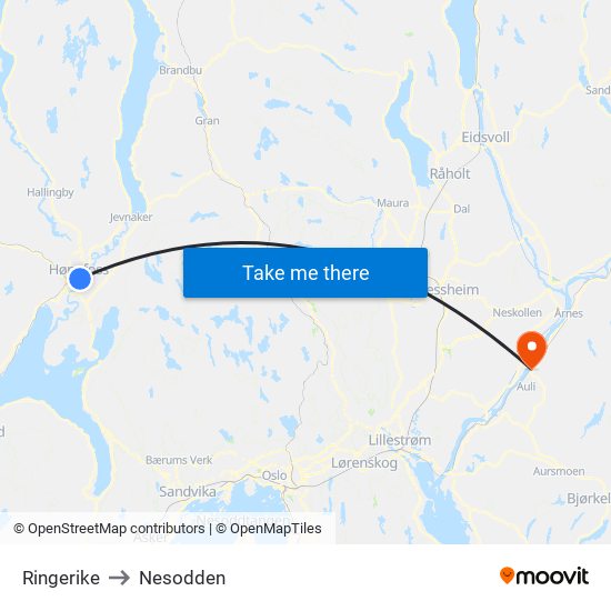 Ringerike to Nesodden map