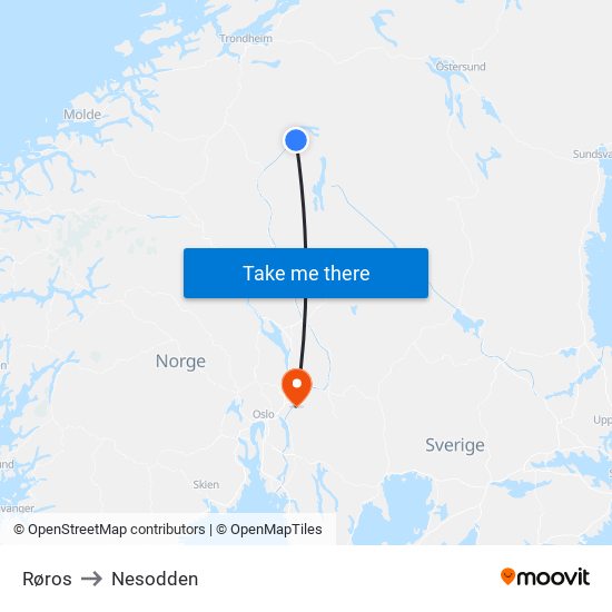 Røros to Nesodden map