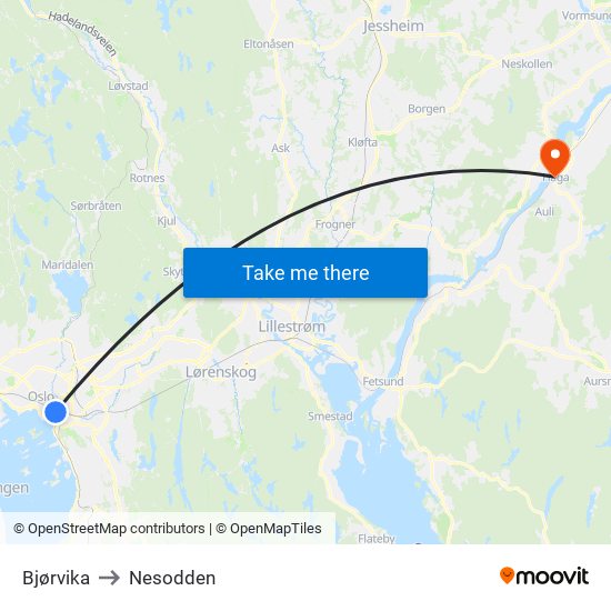 Bjørvika to Nesodden map