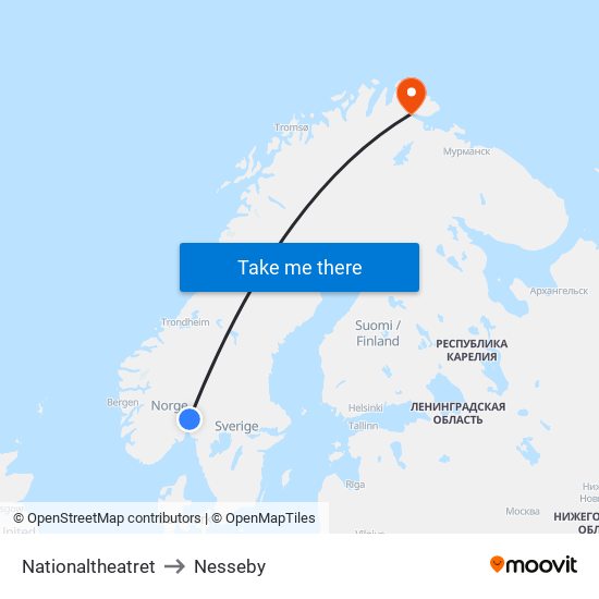 Nationaltheatret to Nesseby map