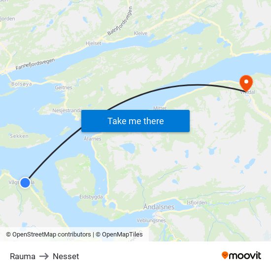 Rauma to Nesset map