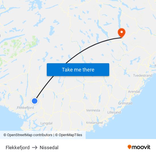 Flekkefjord to Nissedal map