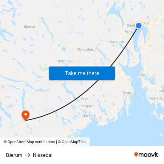 Bærum to Nissedal map