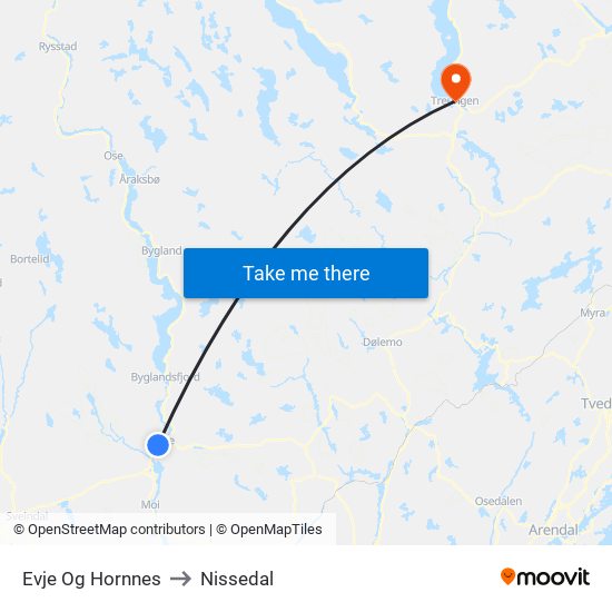 Evje Og Hornnes to Nissedal map