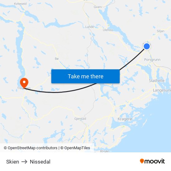 Skien to Nissedal map