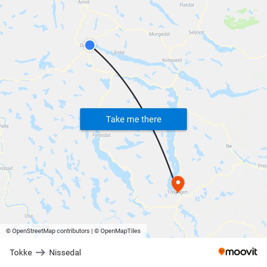 Tokke to Nissedal map