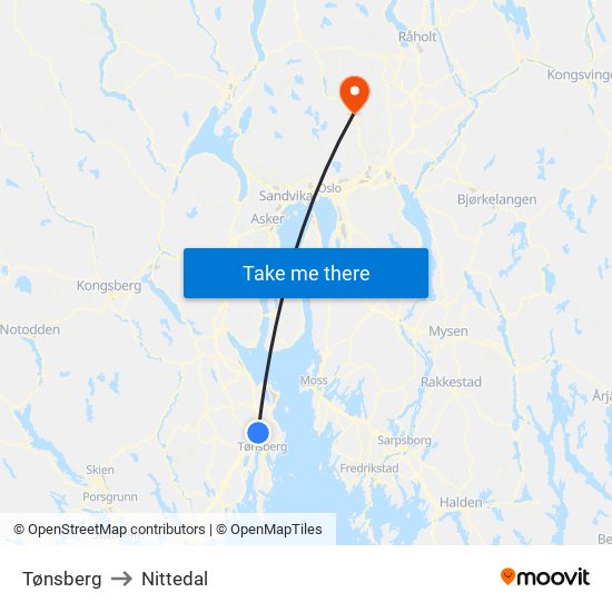 Tønsberg to Nittedal map