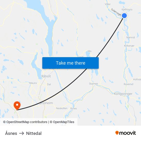 Åsnes to Nittedal map