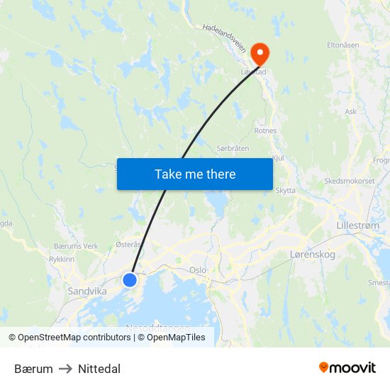 Bærum to Nittedal map