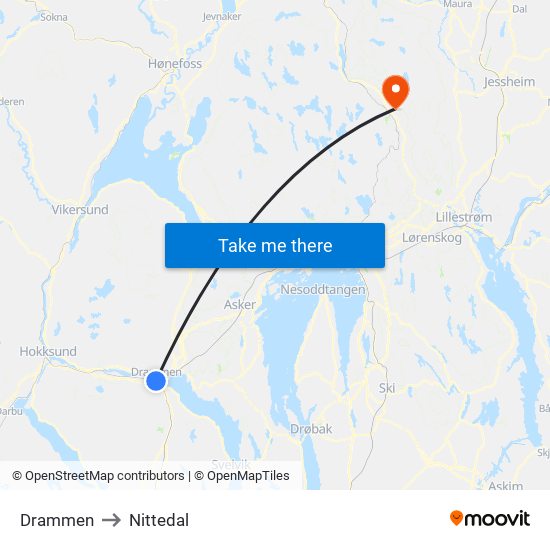 Drammen to Nittedal map