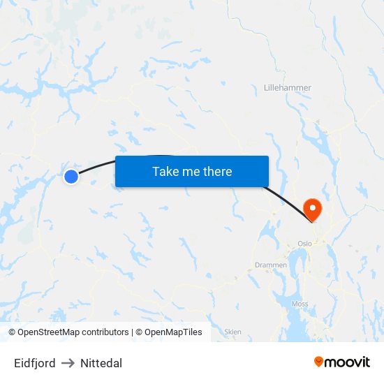 Eidfjord to Nittedal map