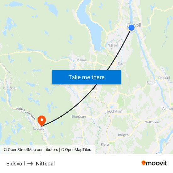 Eidsvoll to Nittedal map