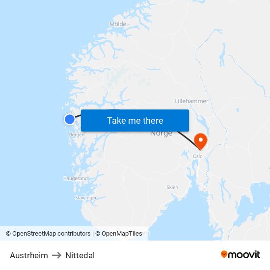 Austrheim to Nittedal map