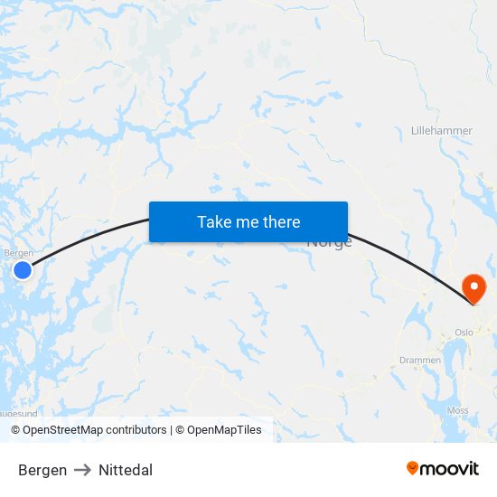 Bergen to Nittedal map