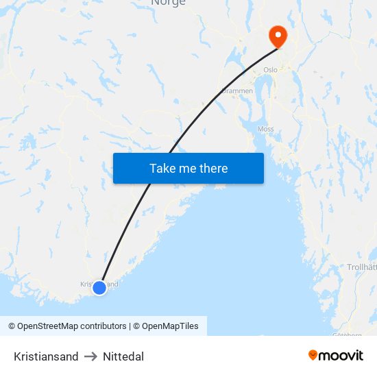 Kristiansand to Nittedal map