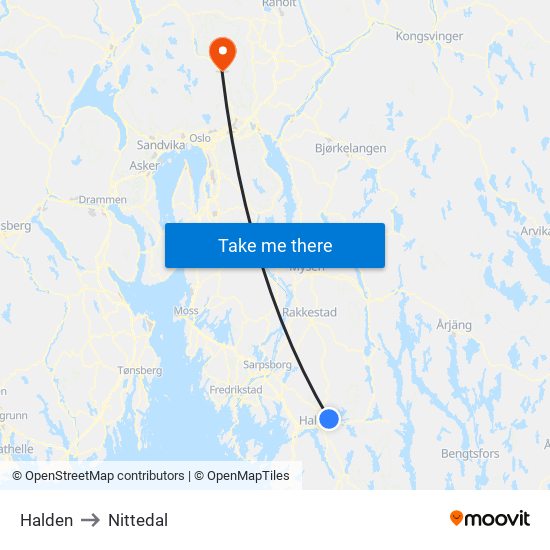 Halden to Nittedal map